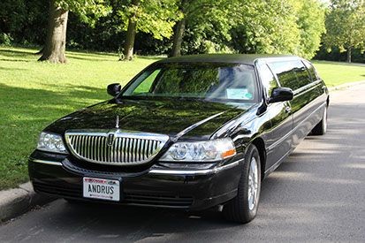 Black limousine parked on a tree-lined street with personalized license plate.